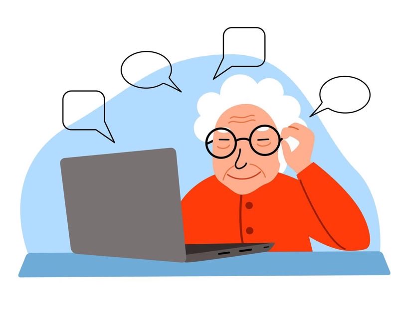 Illustration of an older person in round glasses at a laptop, surrounded by empty speech bubbles