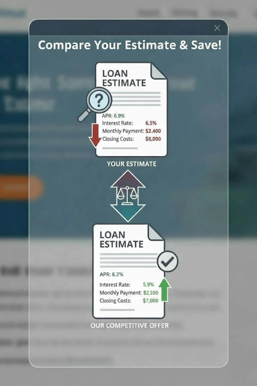 Two Loan Estimates compared side by side. Your estimate: 6.9% APR, 6.5% interest rate, $2,400 monthly payment, $8,000 closing costs. Our competitive offer: 6.2% APR, 5.9% interest rate, $2,100 monthly payment, $7,000 closing costs. Illustrative example only — see the disclosures at the foot of this page.
