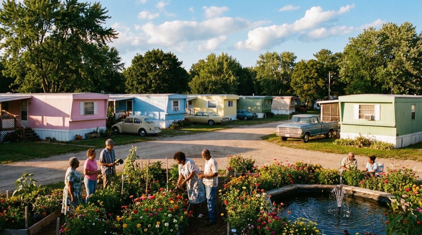 Residents tending flower beds in a mobile home park, single-wide homes and parked cars along the drive behind them