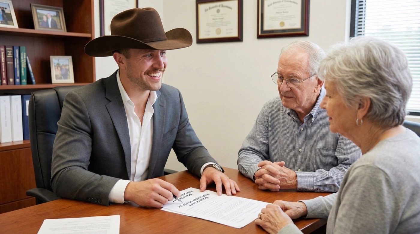 A man in a cowboy hat going through a document at a desk with an older couple, framed certificates on the wall behind